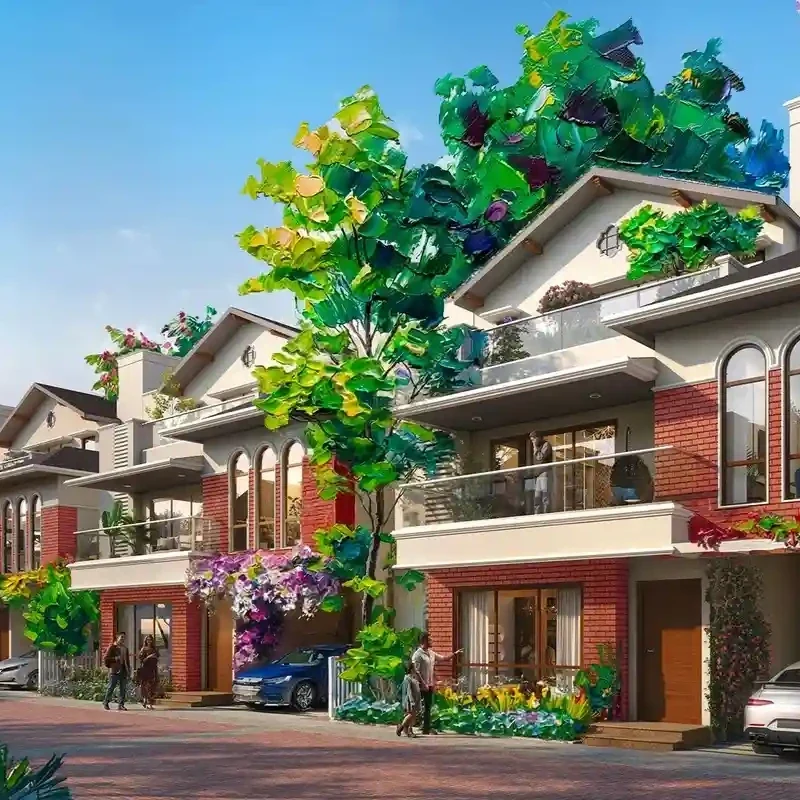 NVT Codename: A Life in Bloom Gallery Image NVT Codename: A Life in Bloom villa frontages in brick and render with arched windows, artist impression