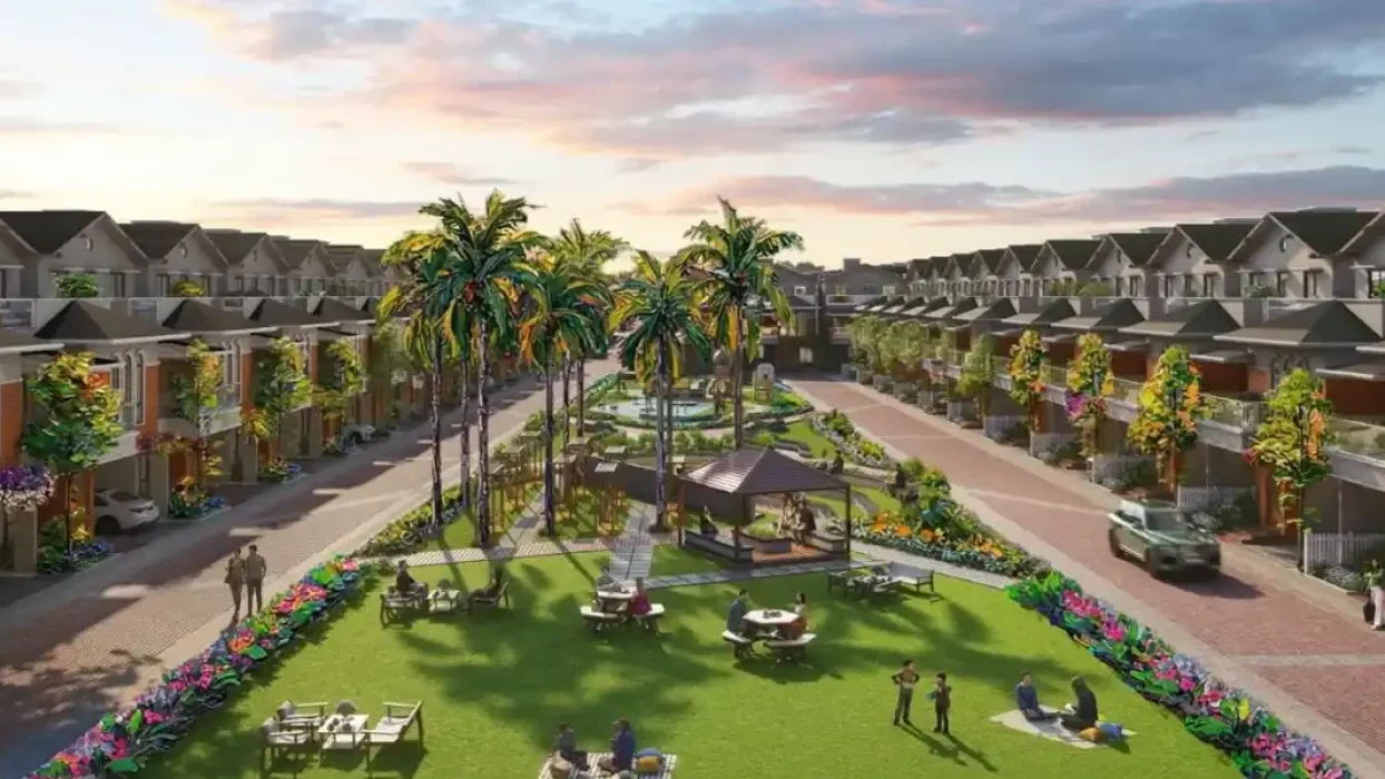 NVT Codename: A Life in Bloom central garden avenue with villa rows on either side, artist impression